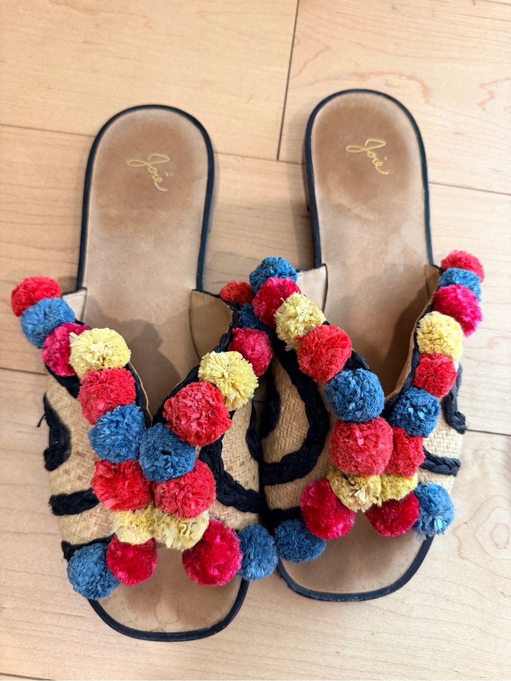 Joie Multicolor Pom-Pom Slide Sandals in Red, Blue, Yellow